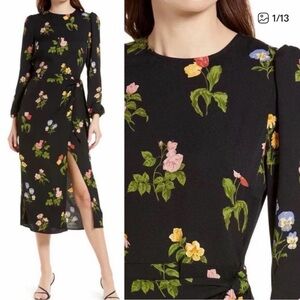 Reformation Black Floral Midi Wrap Dress